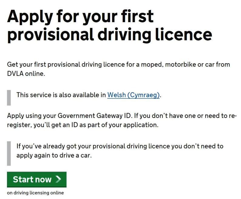 GOV.UK apply for first driving licence page
