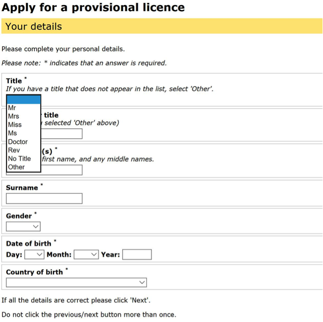 Apply for provisional driving licence your details page