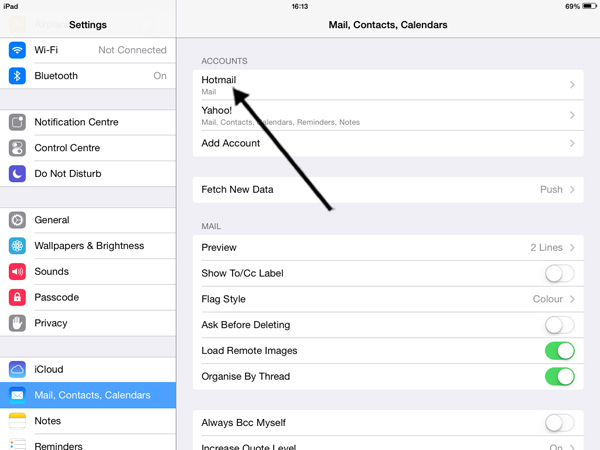 List of email accounts on an iPad