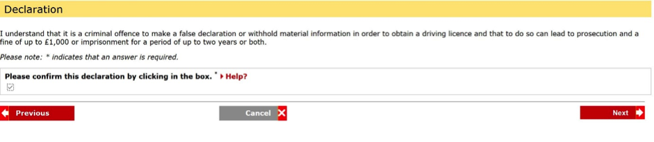 Applying for a provisional driving licence declaration page