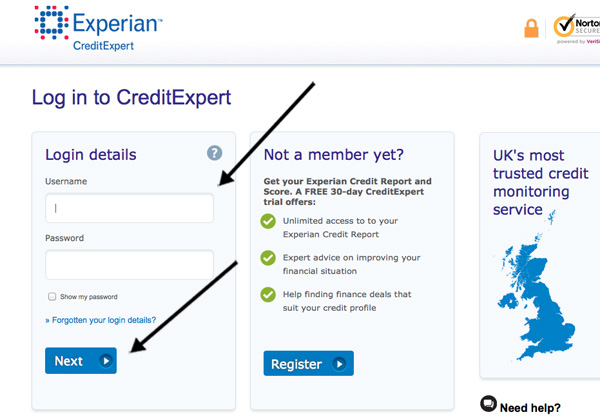Login box on Credit Expert