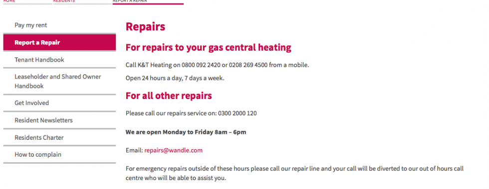 Report a repair page on Wandle's website