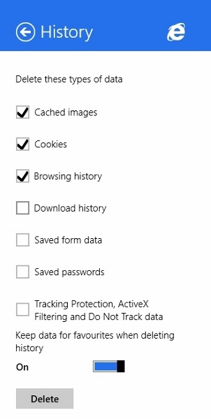Choose Data to delete in IE11