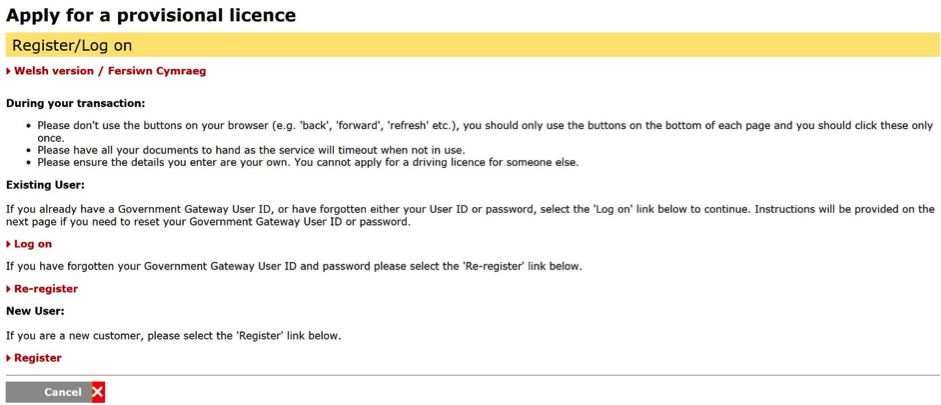 Apply for provisional driving licence register/log in page