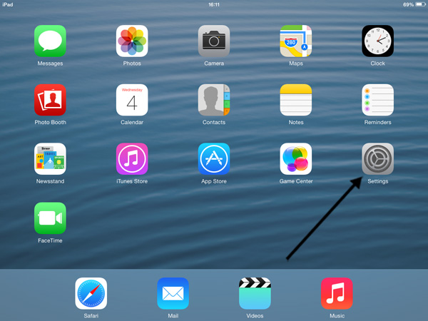 Choosing Settings icon on an iPad