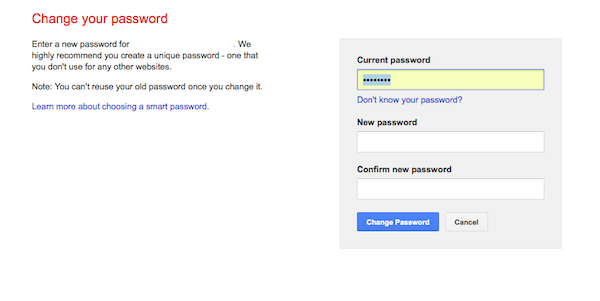 Change your password page within Gmail