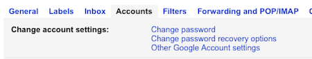 Close up image of the Account sub-menu within the settings menu in Gmail