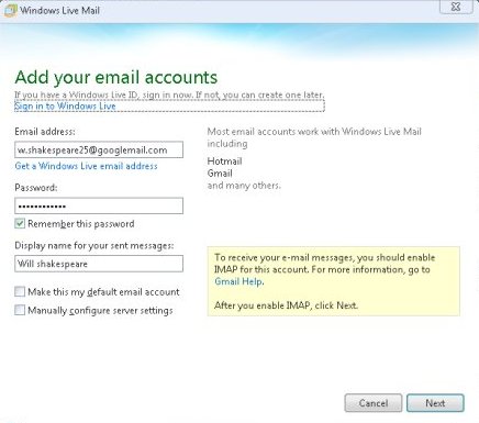 Add email accounts to windows live