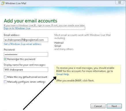 Enable settings in windows live mail