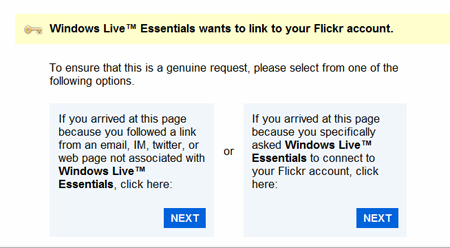 Ask windows live to connect to flickr account