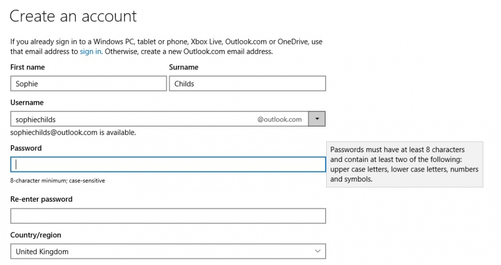 Outlook create an account screenshot