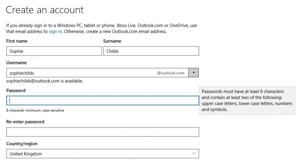 cant create microsoft account on windows phone