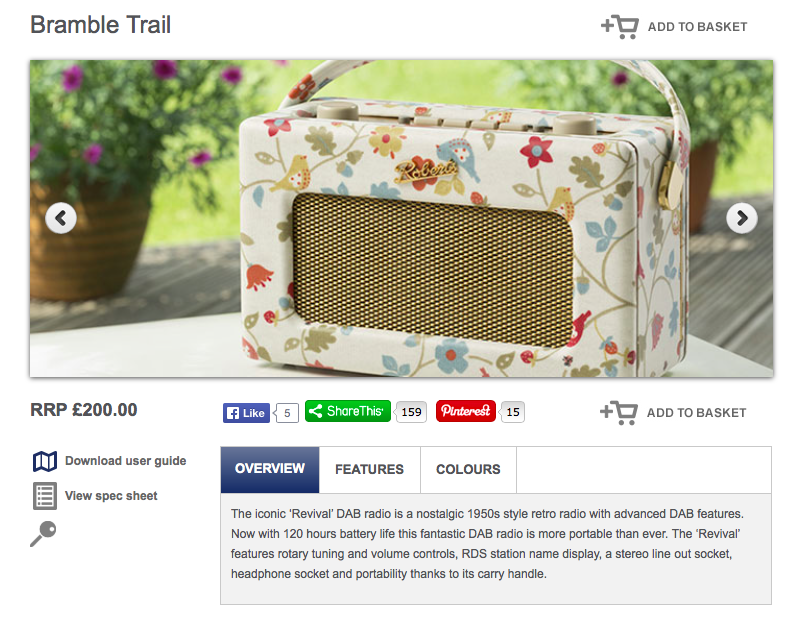 Product details page for the Bramble Trail Roberts Radio