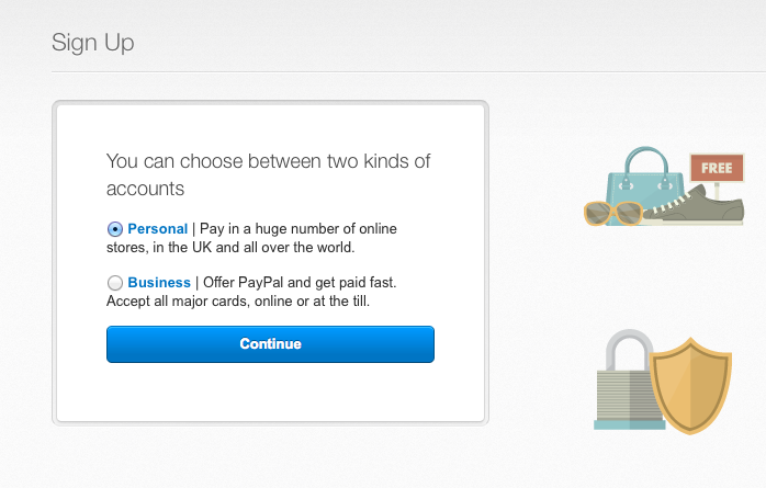 Choosing the type of PayPal account