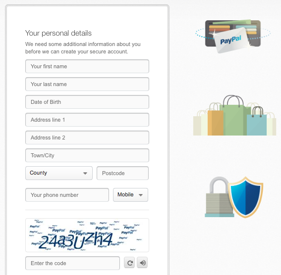 Personal details form on the PayPal sign up page