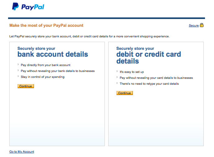 Linking up your bank account or credit/debit card to PayPal