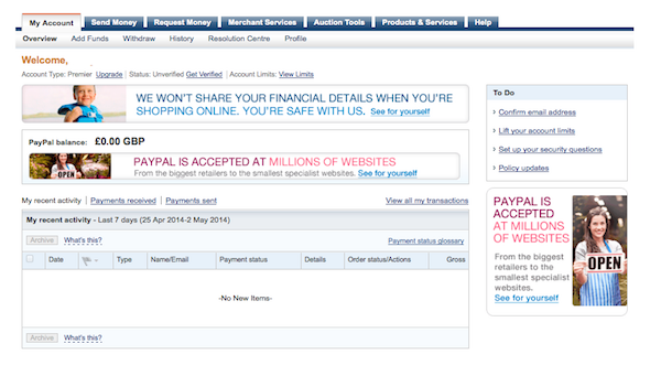 Account overview on PayPal