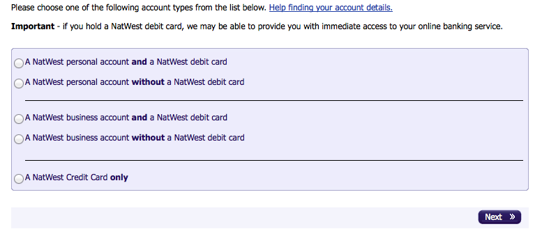 Choosing which NatWest product you have when signing up for internet banking