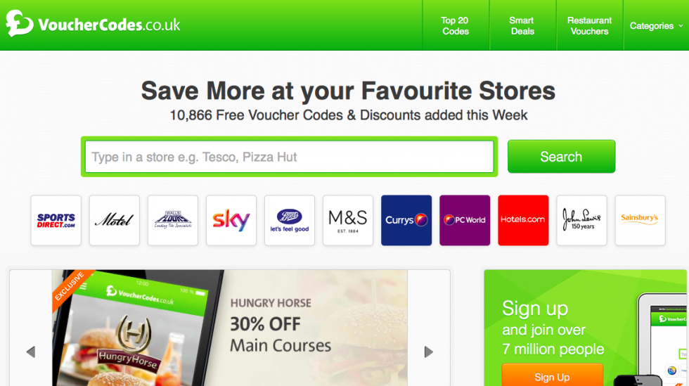 Home page of VoucherCodes.co.uk