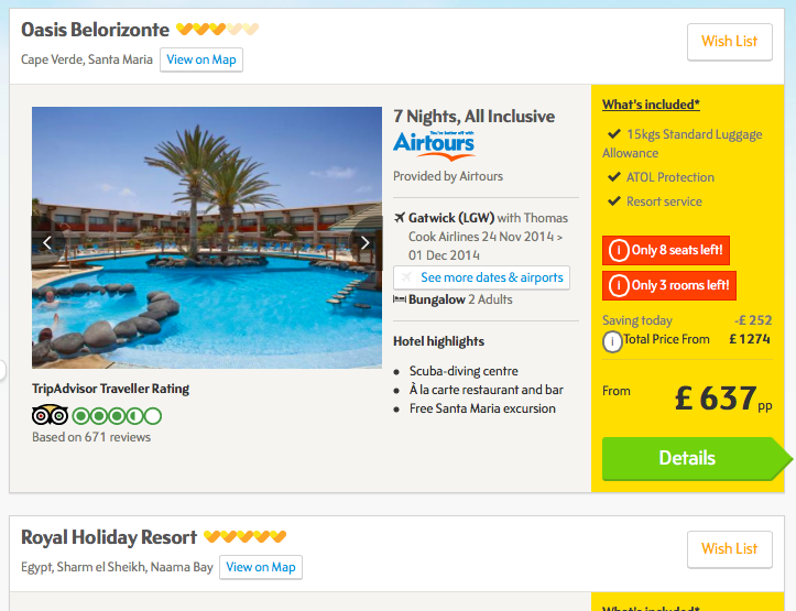 Search results on Thomas Cook website