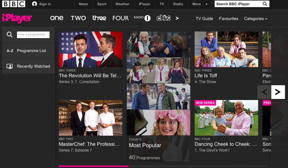 BBC iPlayer homepage