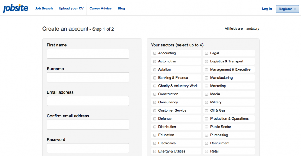 Jobsite registration page
