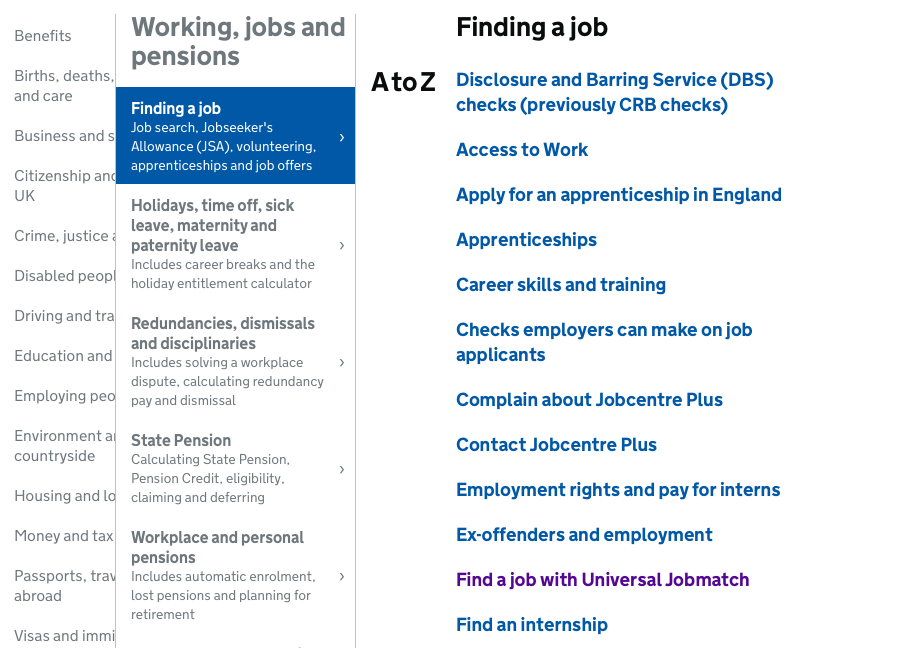 Finding a job page on Gov.uk