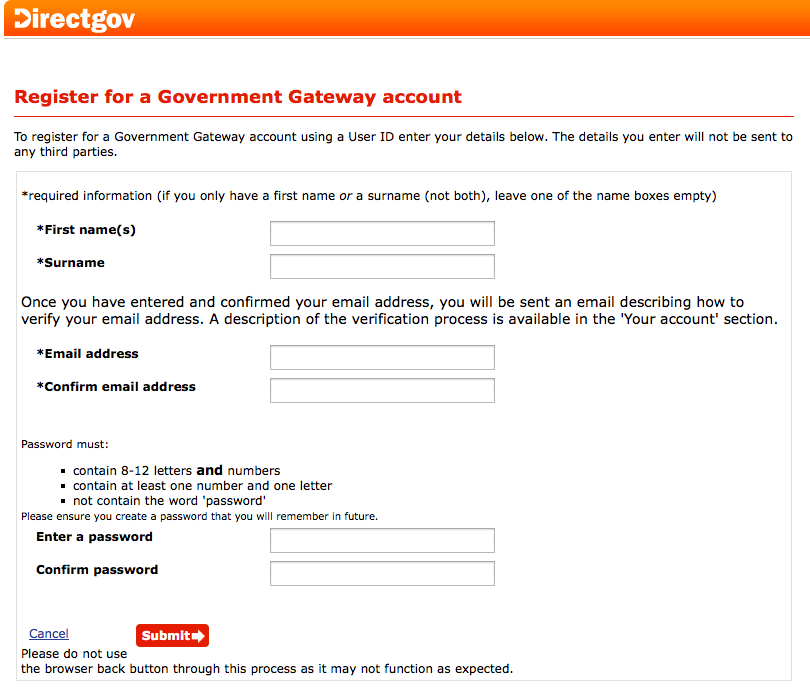 Form to sign up for a Government Gateway account