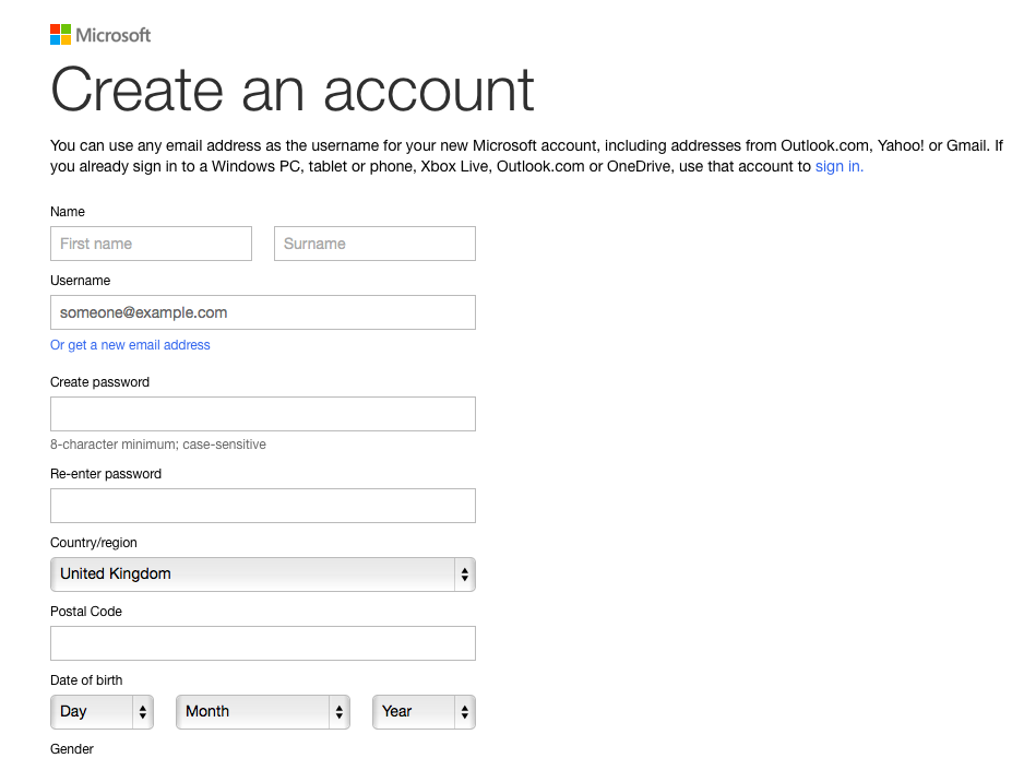 Create a Windows Live account form