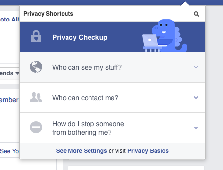 Privacy shortcut menu on Facebook