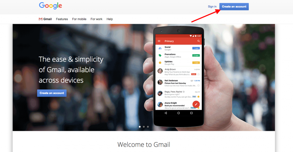 Gmail sign up page screenshot
