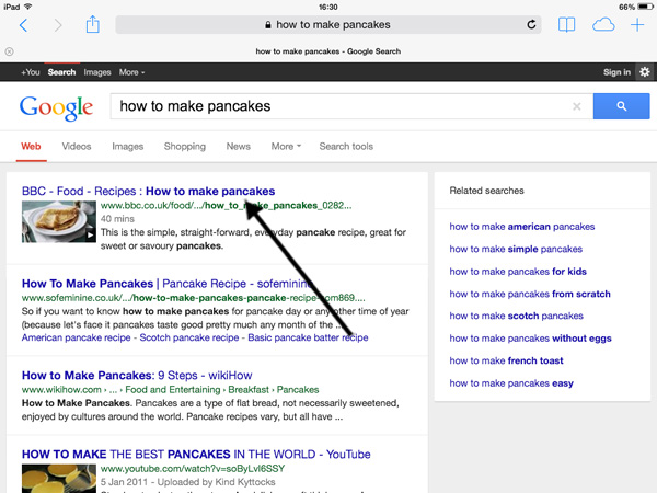 Choosing a search result on Google on an iPad