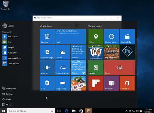 Screen recording of Windows 10 Start menu