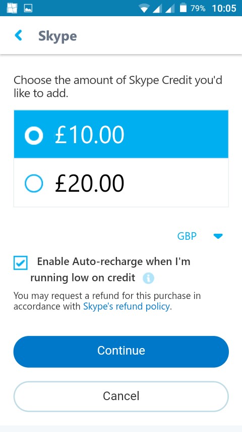 Choose the amount of Skype credit you want 