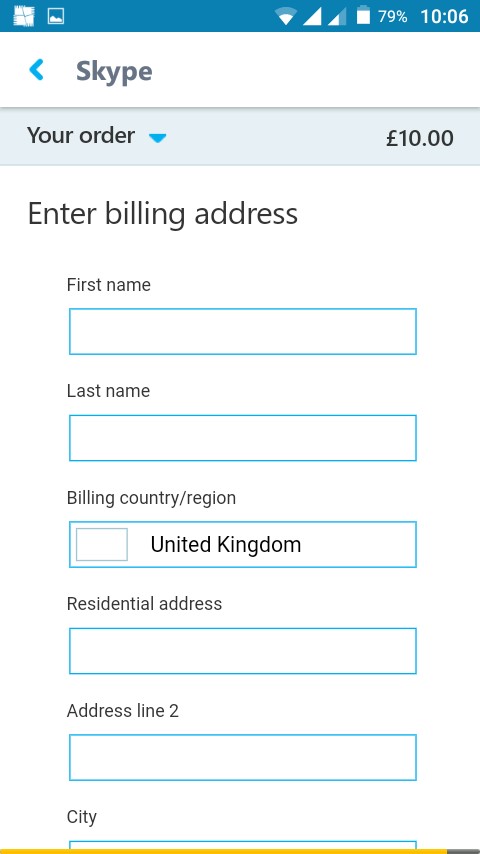 picture of billing information form on skype