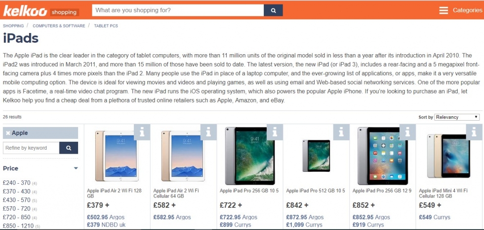 iPads on the Kelkoo website 