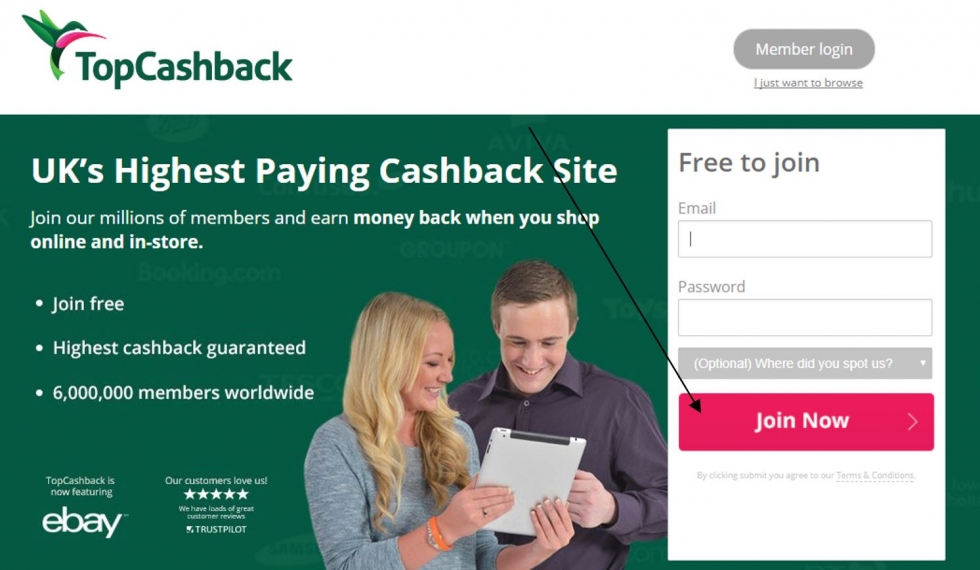 picture of the topcashback website