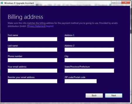 Windows 8 contact and payment details