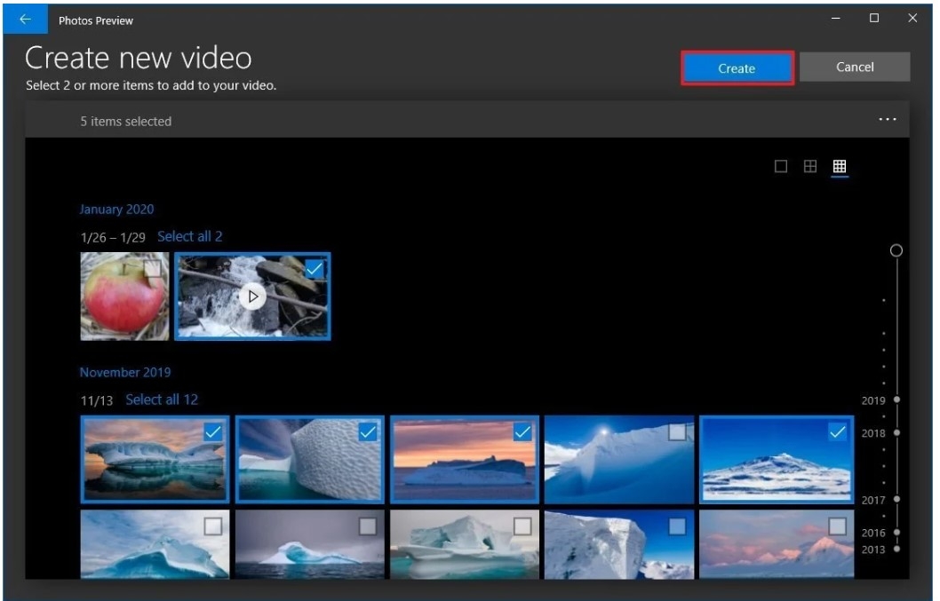 Captura de pantalla que muestra crear nuevas opciones de video en la aplicación Fotos