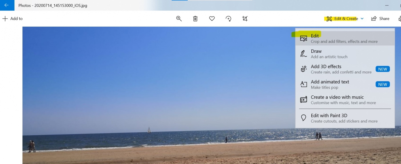Screenshot Zobrazení možnosti úprav v aplikaci fotografií