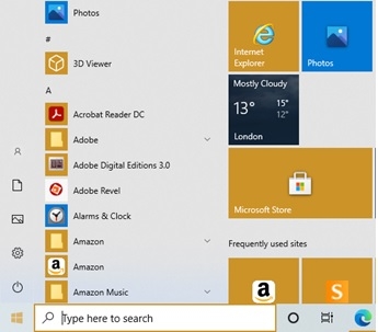 Screenshot che mostra l'app Foto nel menu Start