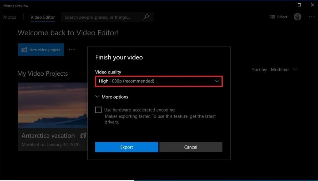 Captura de pantalla que muestra opciones de calidad de video en la aplicación Fotos