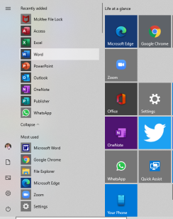 Screenshot of Windows 10 Start screen