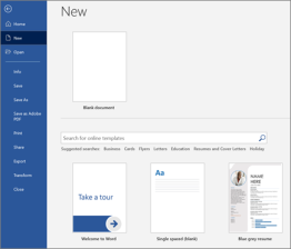 Screenshot of new doc screen in Word