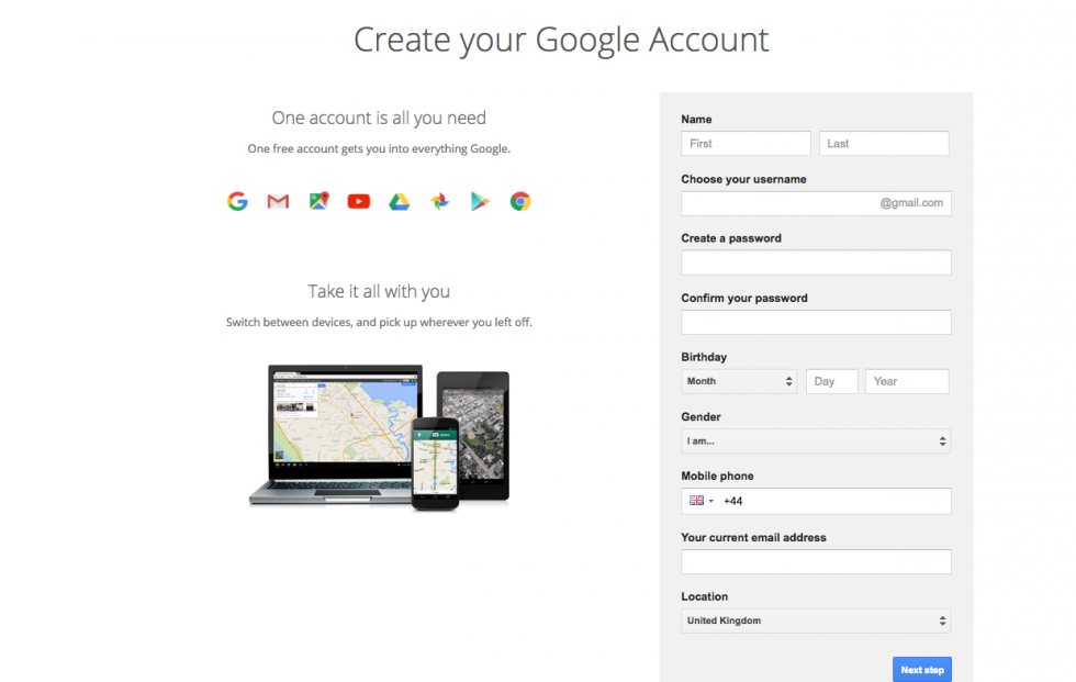 Landing page for creating your Google account