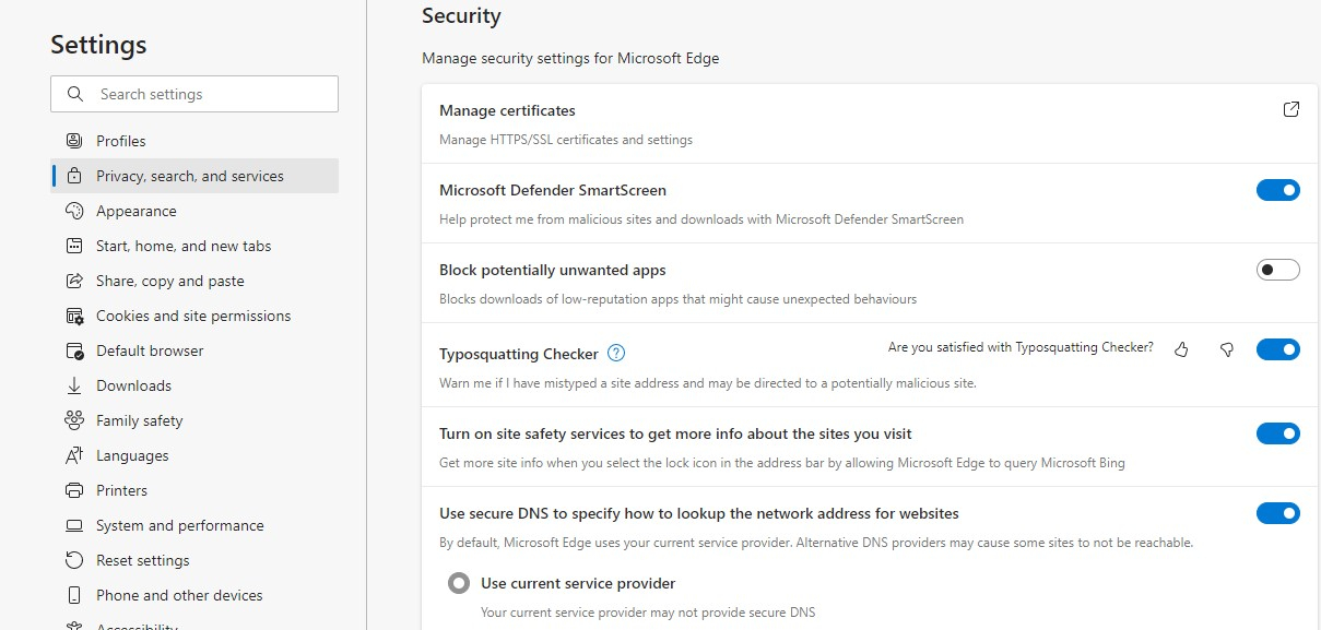 Security settings edge