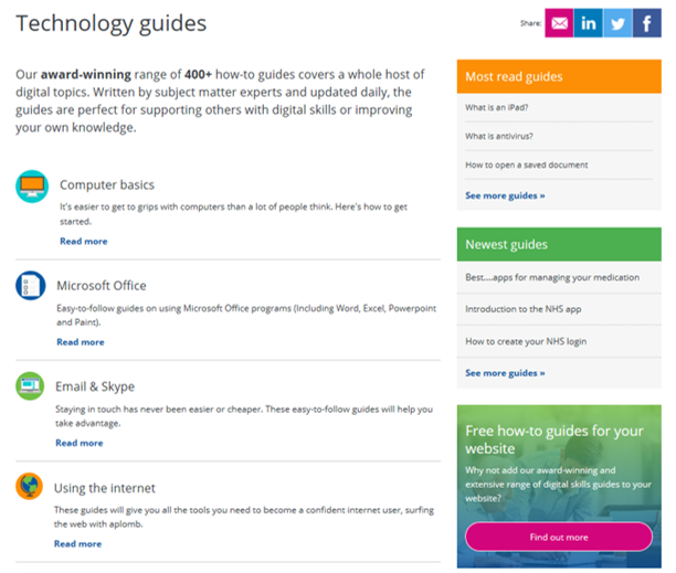 Screengrab of guides landing page