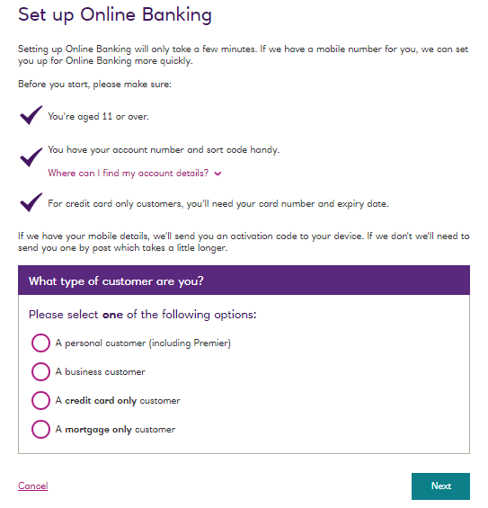 Setup online banking
