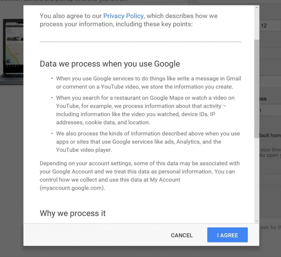The Google privacy policy for using gmail