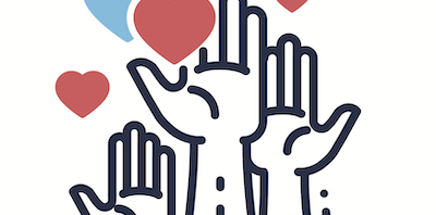 An illustration of hands up in the air with coloured hearts around them, symbolising volunteering